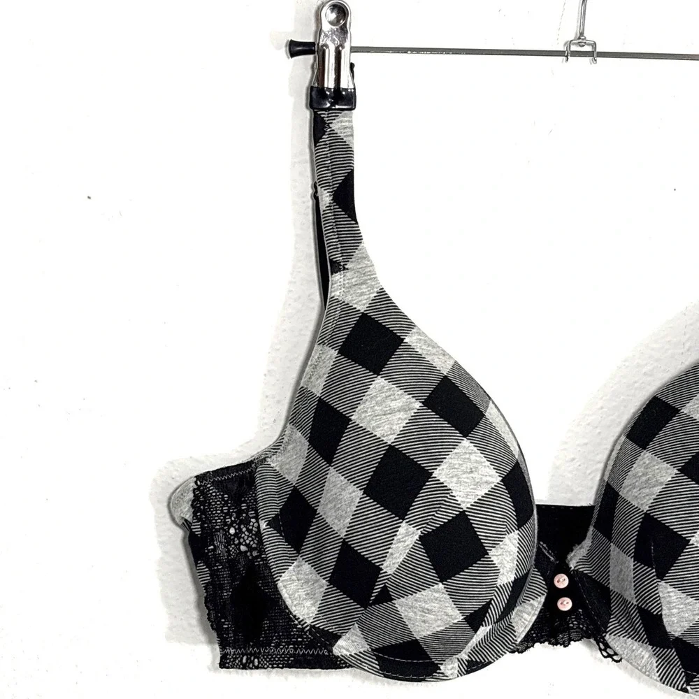 Cacique 38C Black Grey Buffalo Plaid T-Shirt Bra Lace Trim 1082926 Dark Academia